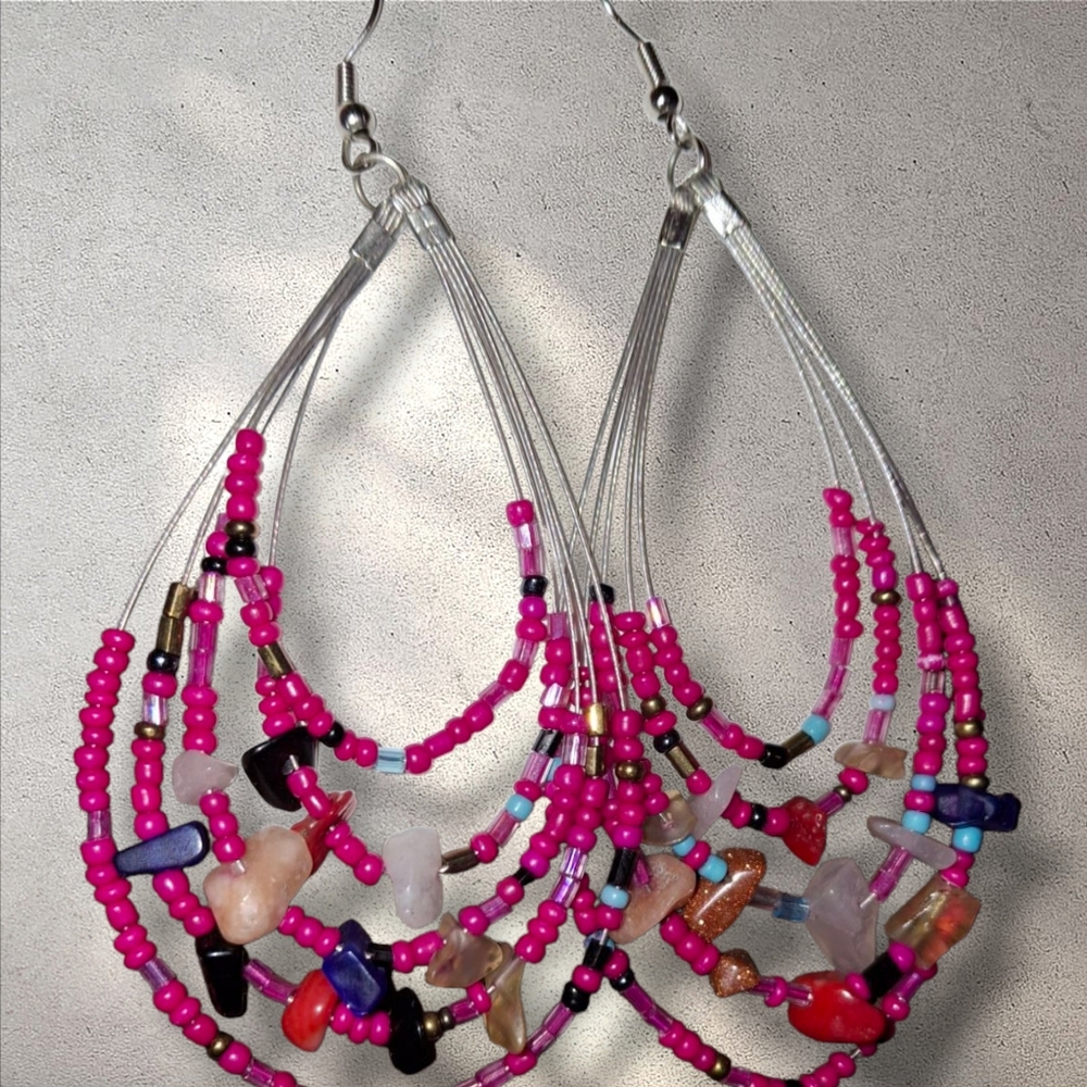 Tribal Southweatern Beaded Faux Gemstone Chip Dangle Hook Earrings